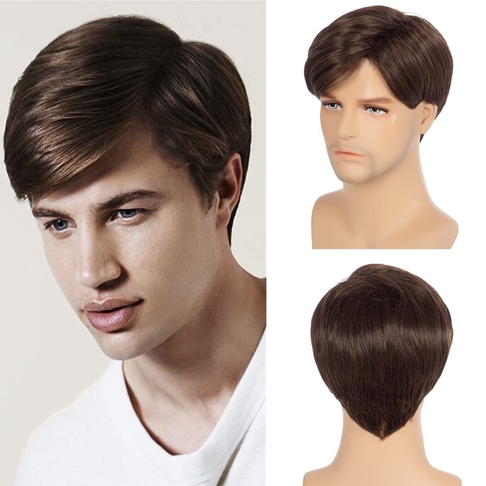 Men's Brown Partial Short Straight Hair Synthetic Men's Wig