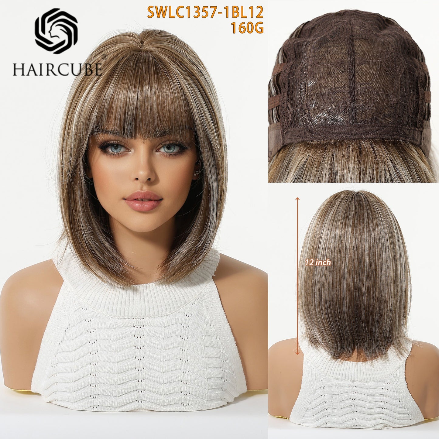 Women's Gradient Brown Highlights Artificial Human Fiber Wig Short Straight Hair