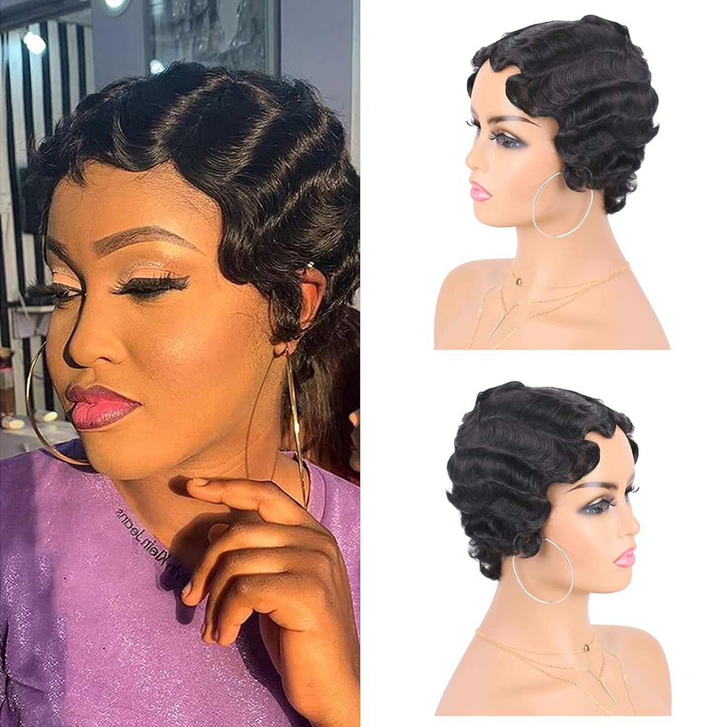 Generation Vintage Hand Push Water Ripple Simulation Wig Short Curly Hair
