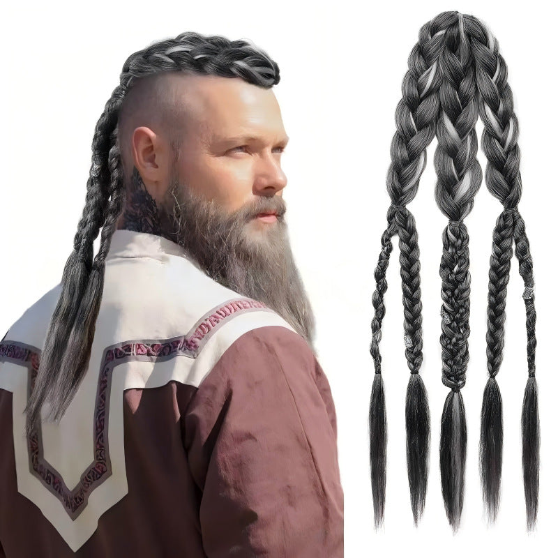 Men's Viking Dreadlocks Hand-woven Barrettes Button Batch Wig Ponytail