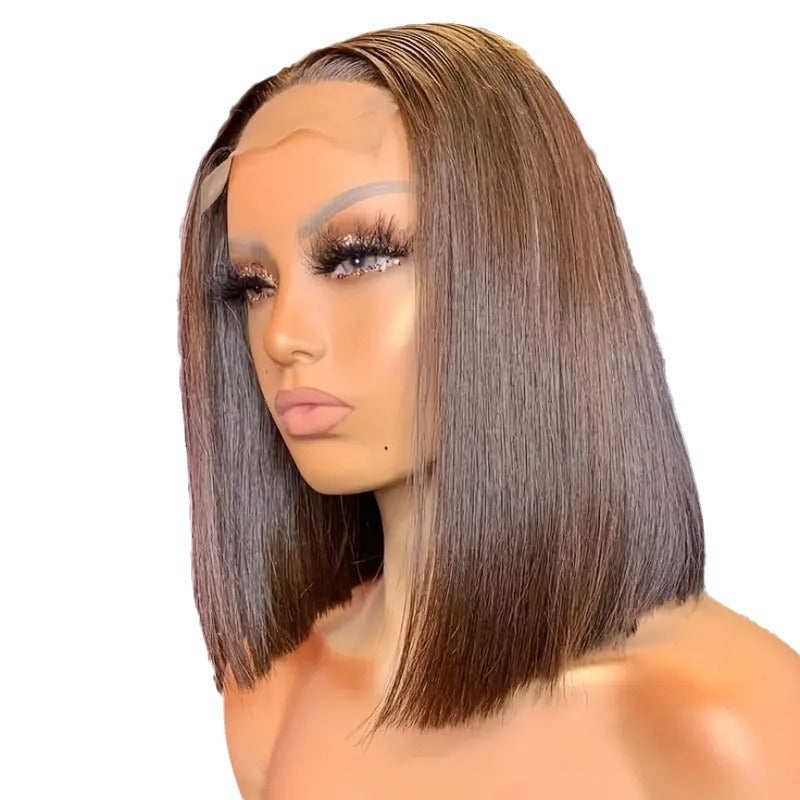Front Lace Dark Brown Head Bangs Wig Short Straight Hair