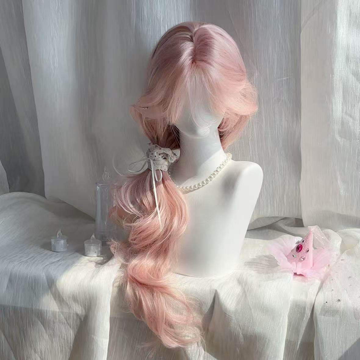 Women's Rose Pink Mid-length Curly Hair Dream Temperament Wig Long Curls