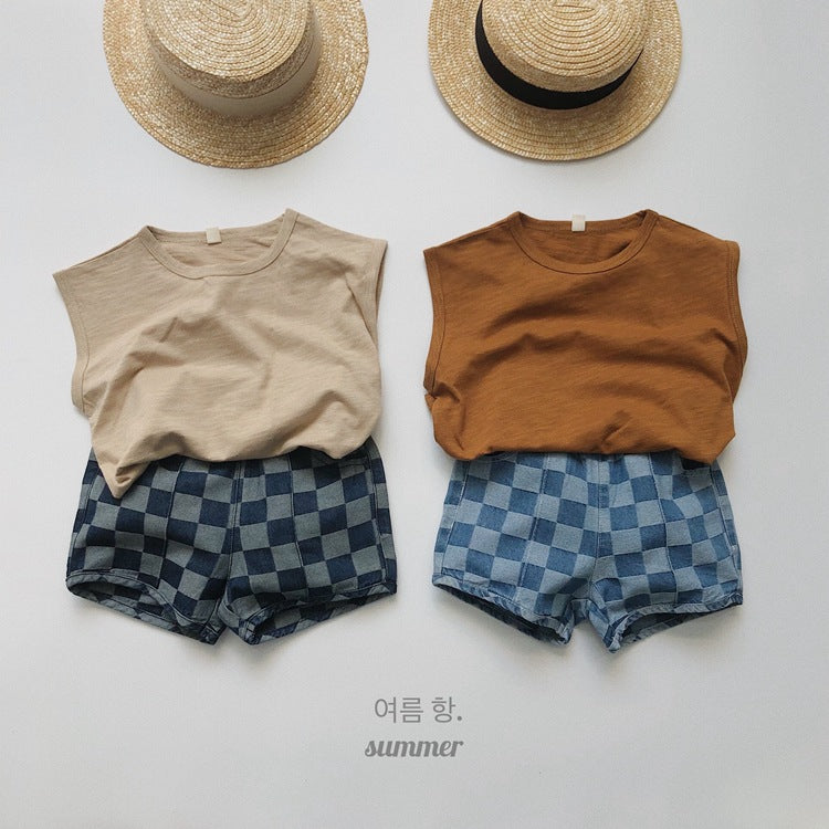 Children's Fashionable Summer Korean Style Plaid Denim Shorts Children's Pants