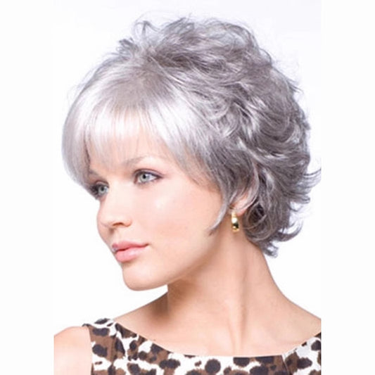 Human Granny Grey Flower White Fluffy Lifelike Wig Short Curly Hair