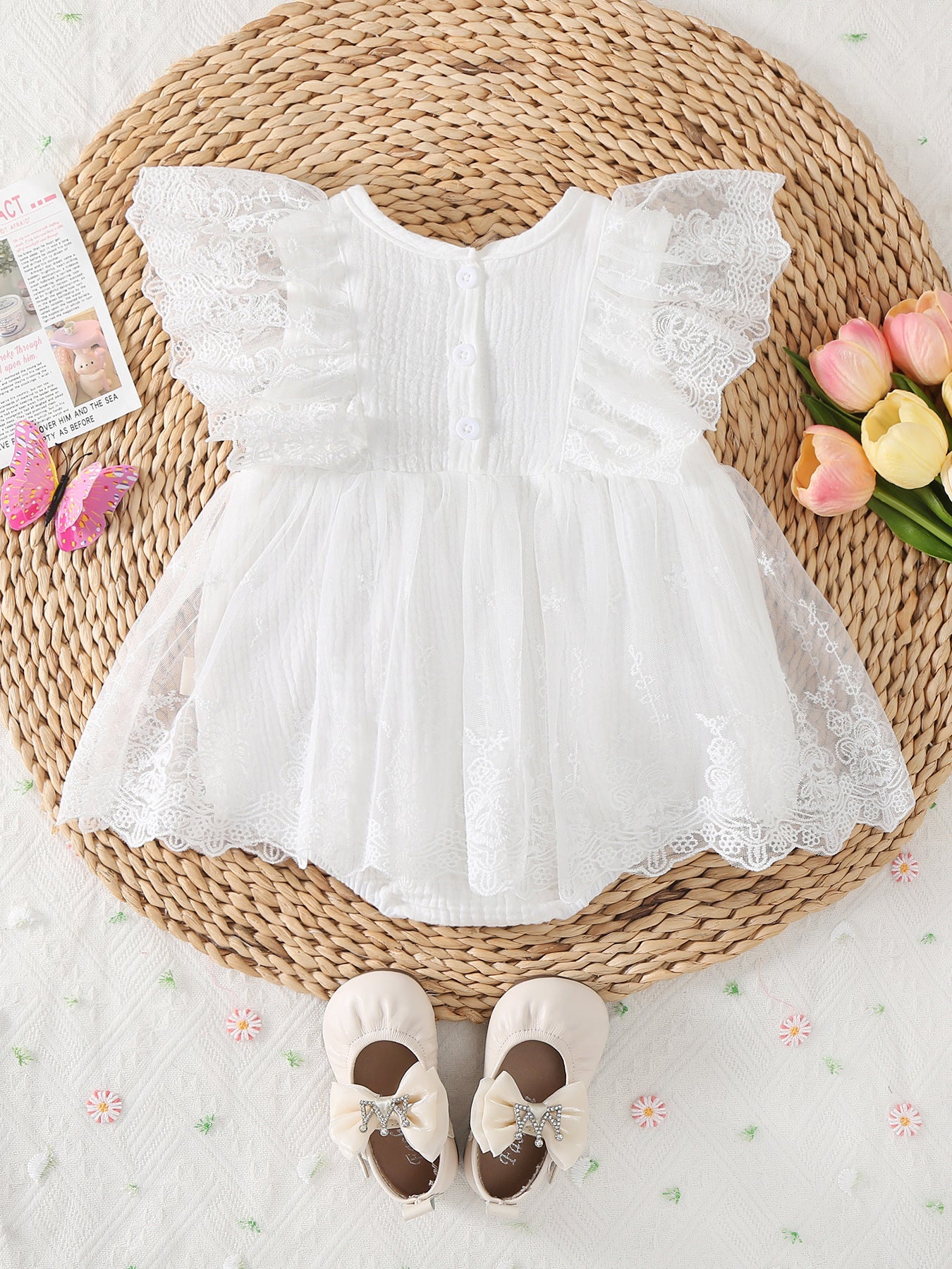 Lace Flounced Sleeve One-piece Romper Born Princess Jumpsuit, Climbing Suit