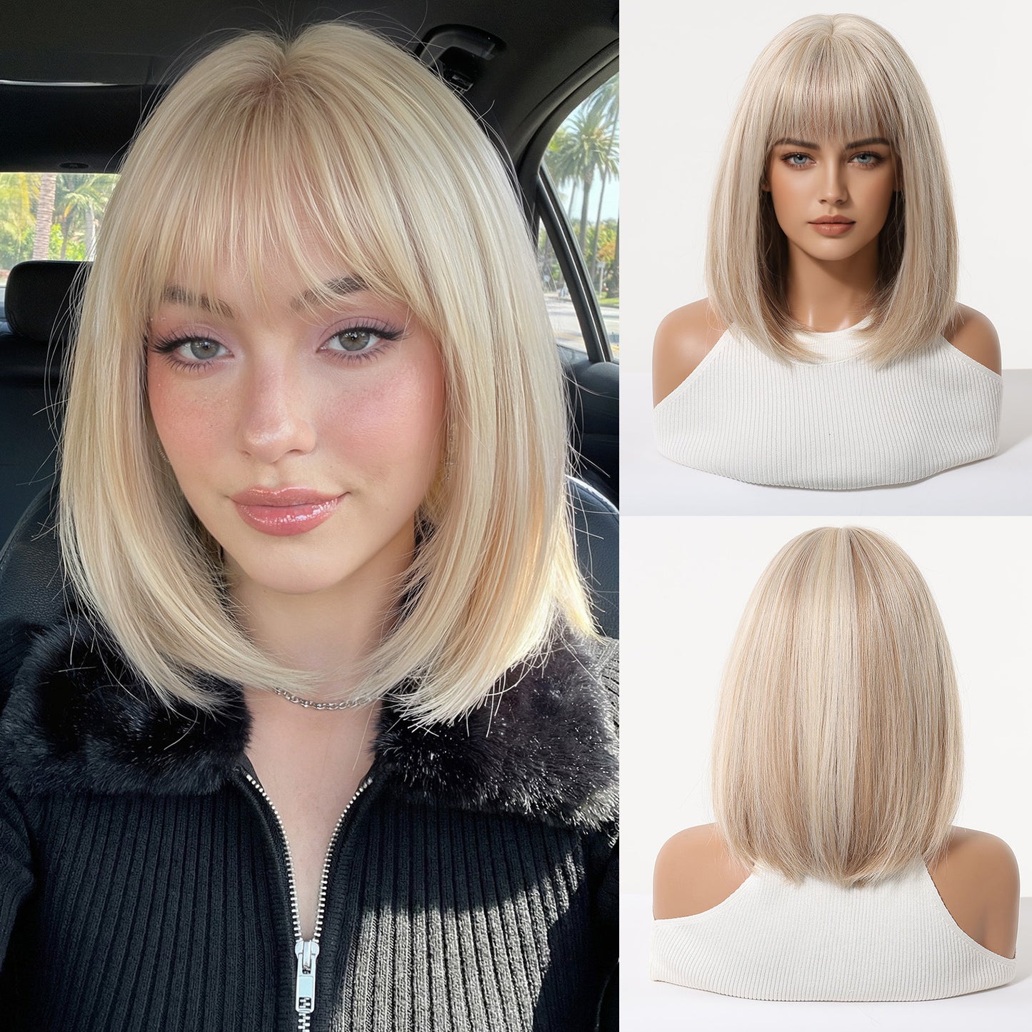 Gradient Brown Highlights Air Bangs Natural Realistic Chemical Fiber Full Wig Short Straight Hair