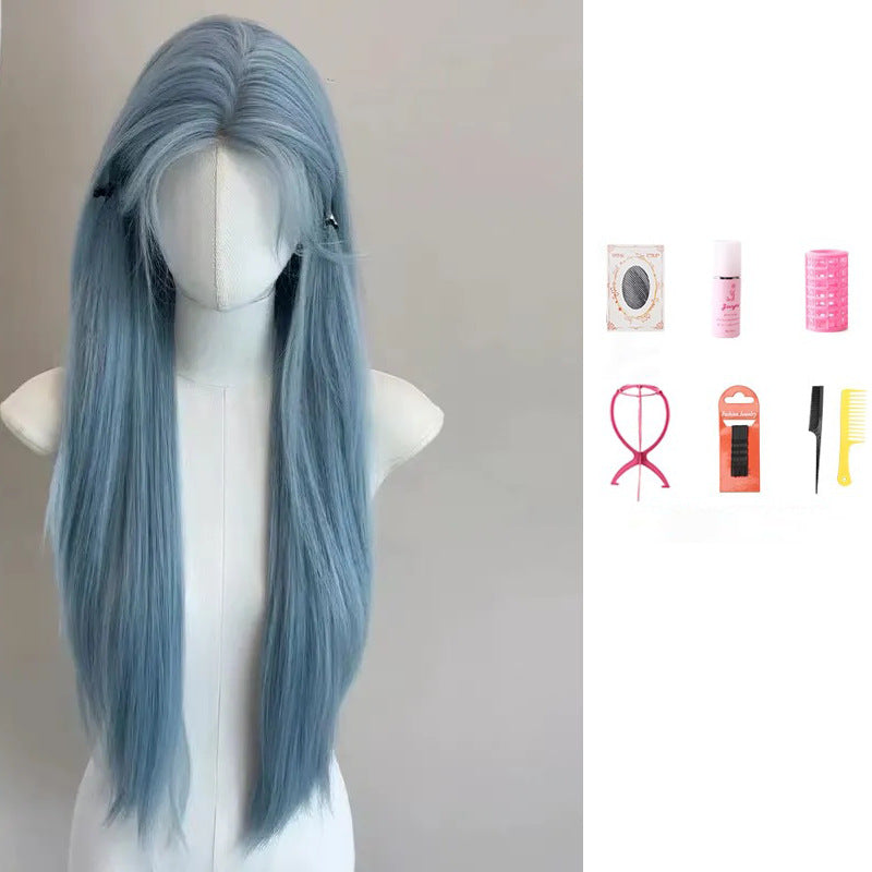 Glacier Forehead Lace Low Saturation Blue Female Long Straight Wig