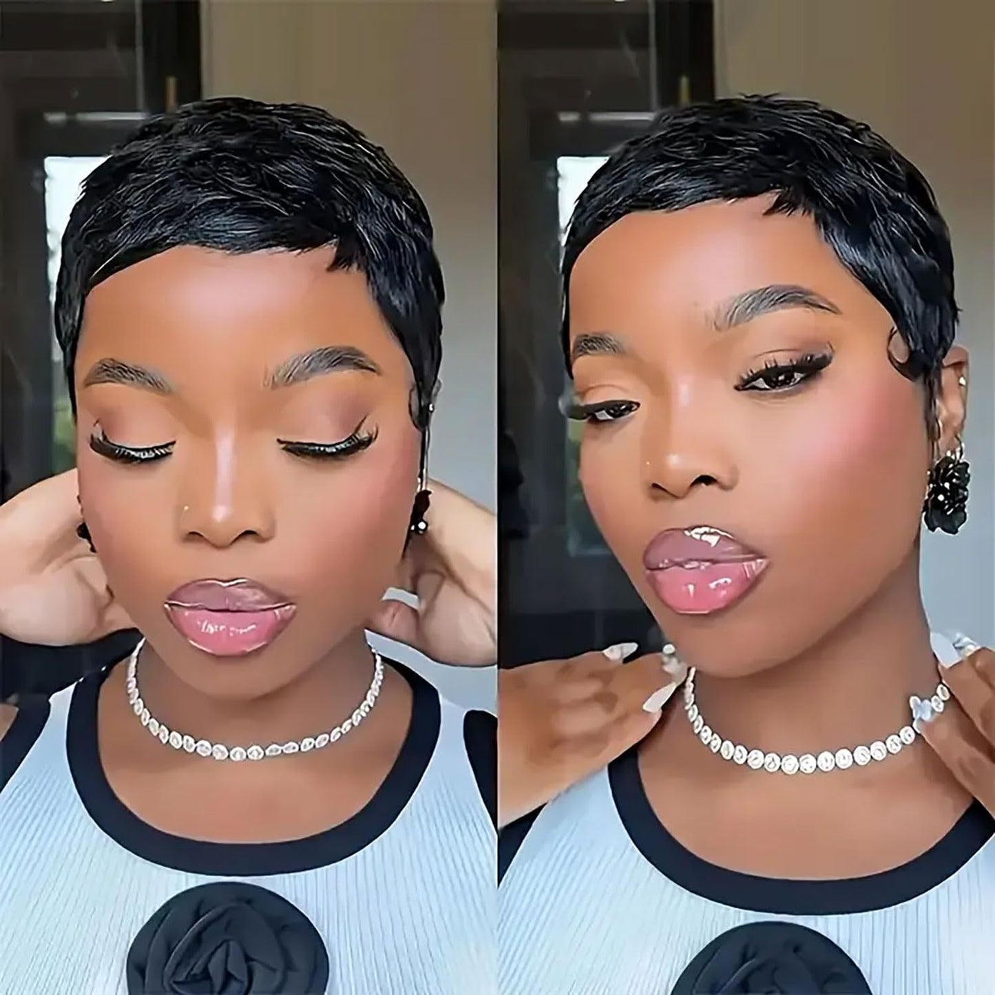 Women's Fashion African Black Layered Sheath Wig Short Straight Hair