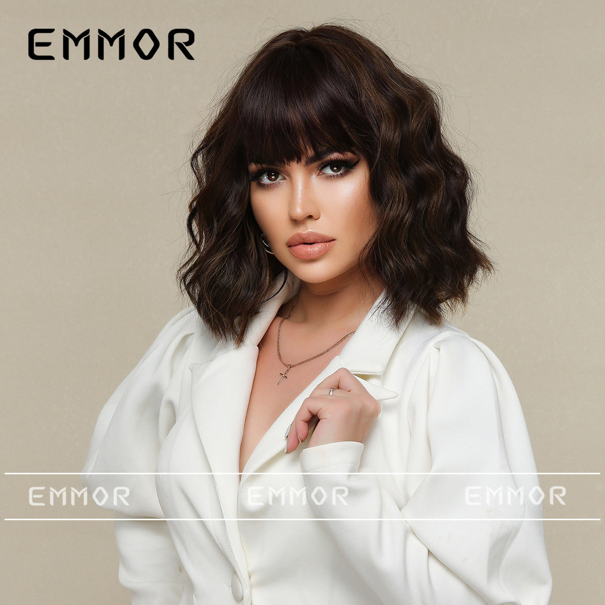 Female Straight Bangs Black Brown Shoulder Wig Short Curly Hair