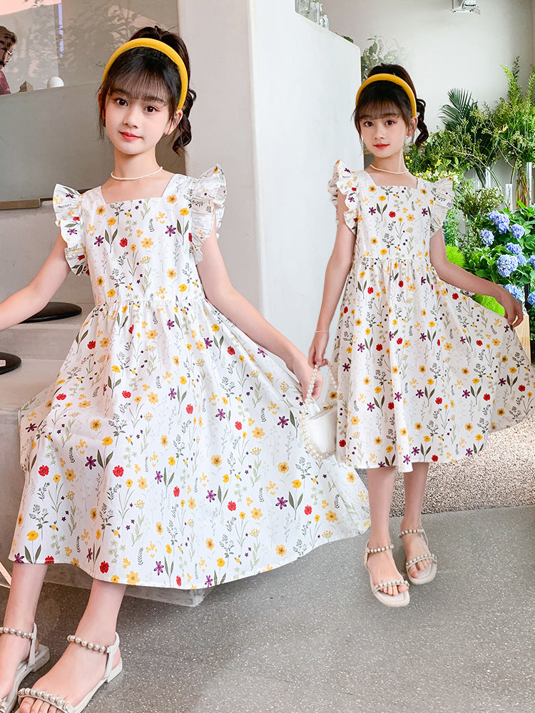 Floral Flounced Sleeve Korean Style Sweet Fresh Princess Pastoral Children's Dress