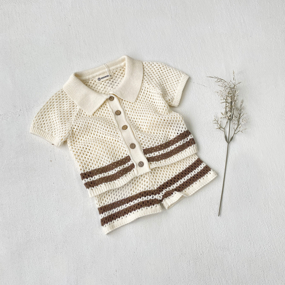 Summer Hollow Lapel Knitted Crocheted Sweater Cardigan Shorts Children's Suit