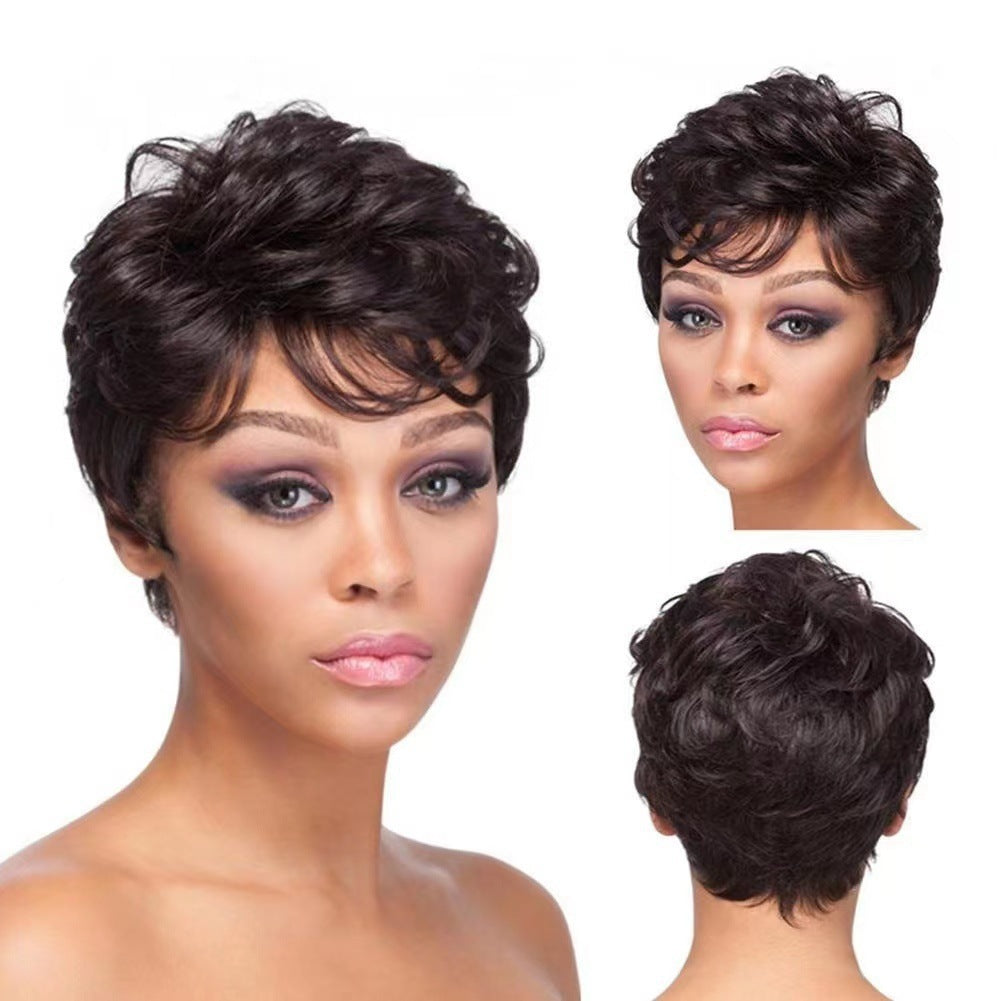 Black Small Roll Wound Tube Chemical Fiber Head Wig Short Curly Hair