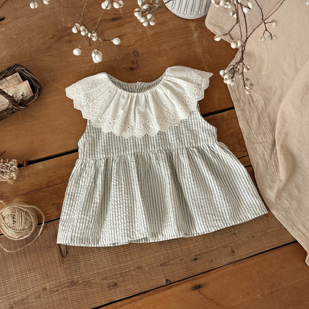 Lace Collar Vertical Striped Top Trousers Female Western Style Sleeveless Children's Suit