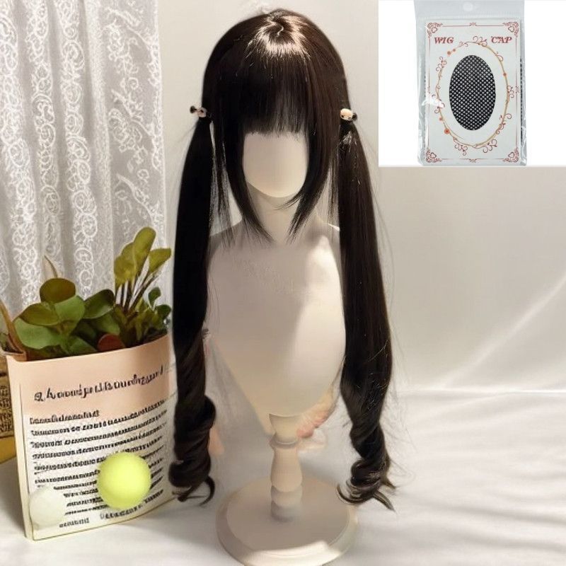 Double Ponytail Tie Out Curly Hair With Sideburns Wig Long Curls