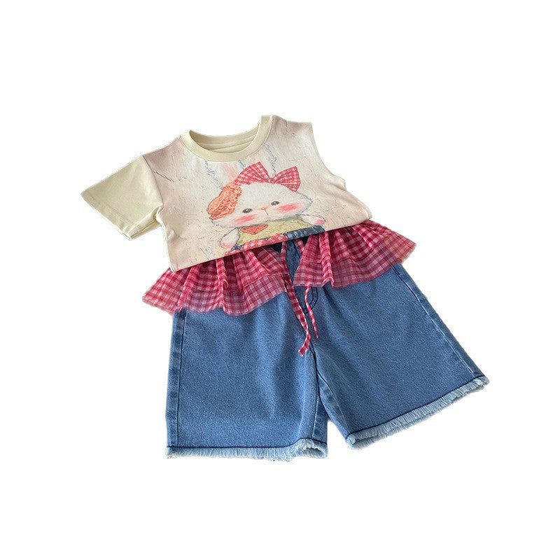 Children's Oil Painting Rabbit T-shirt Fart Curtain Children's Suit