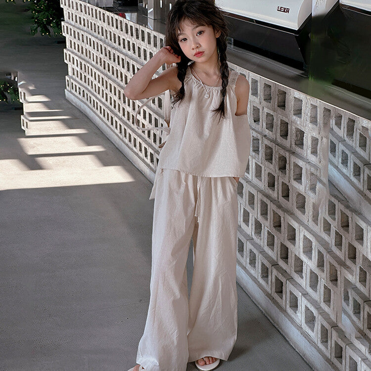 Summer Cotton Linen Sleeveless Pants Middle Big Korean Children's Suit