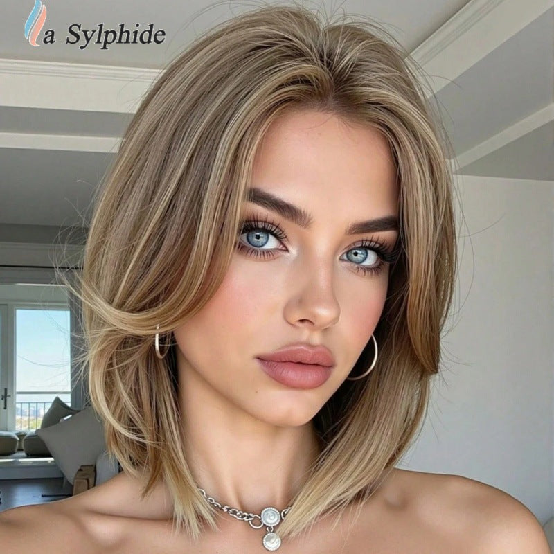 Female Brown Gradient Mid-point Fashion Overseas Wig Short Straight Hair