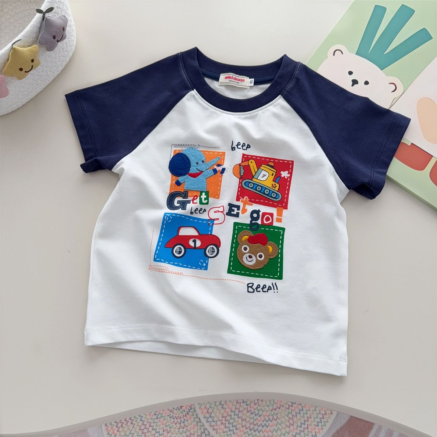 Children's Wear Style Boys Bear Excavator Raglan Short Sleeve Shirt Children's T-shirt