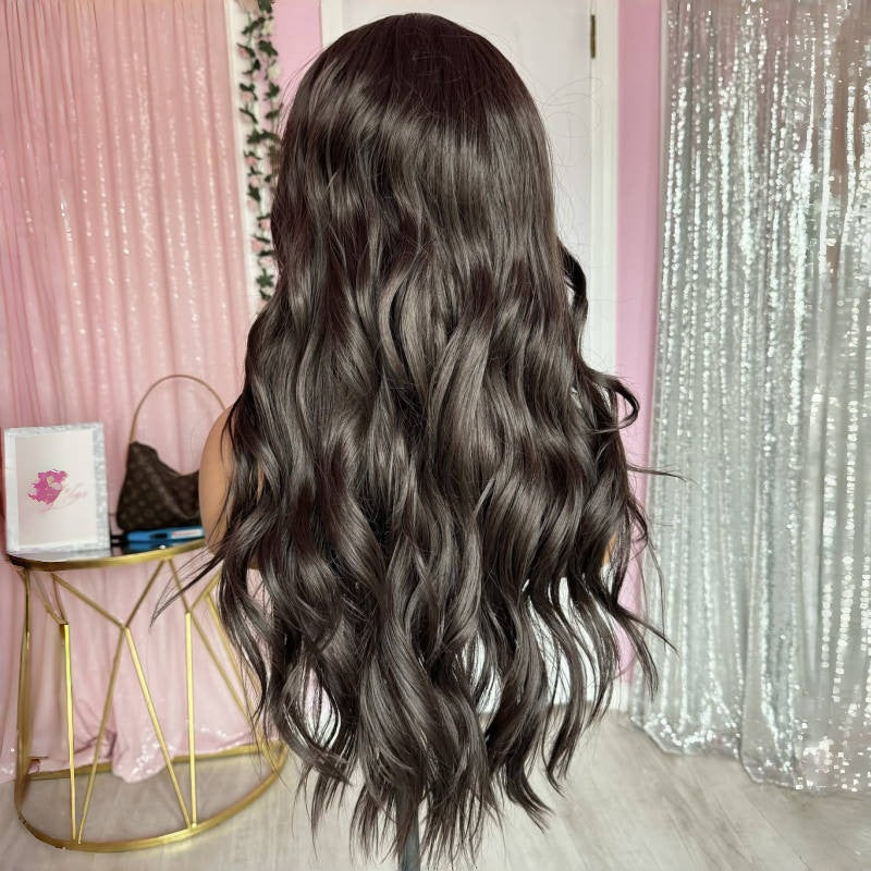 Women's Front Lace Synthetic Wigs Black Brown Bangs Wig Long Curls