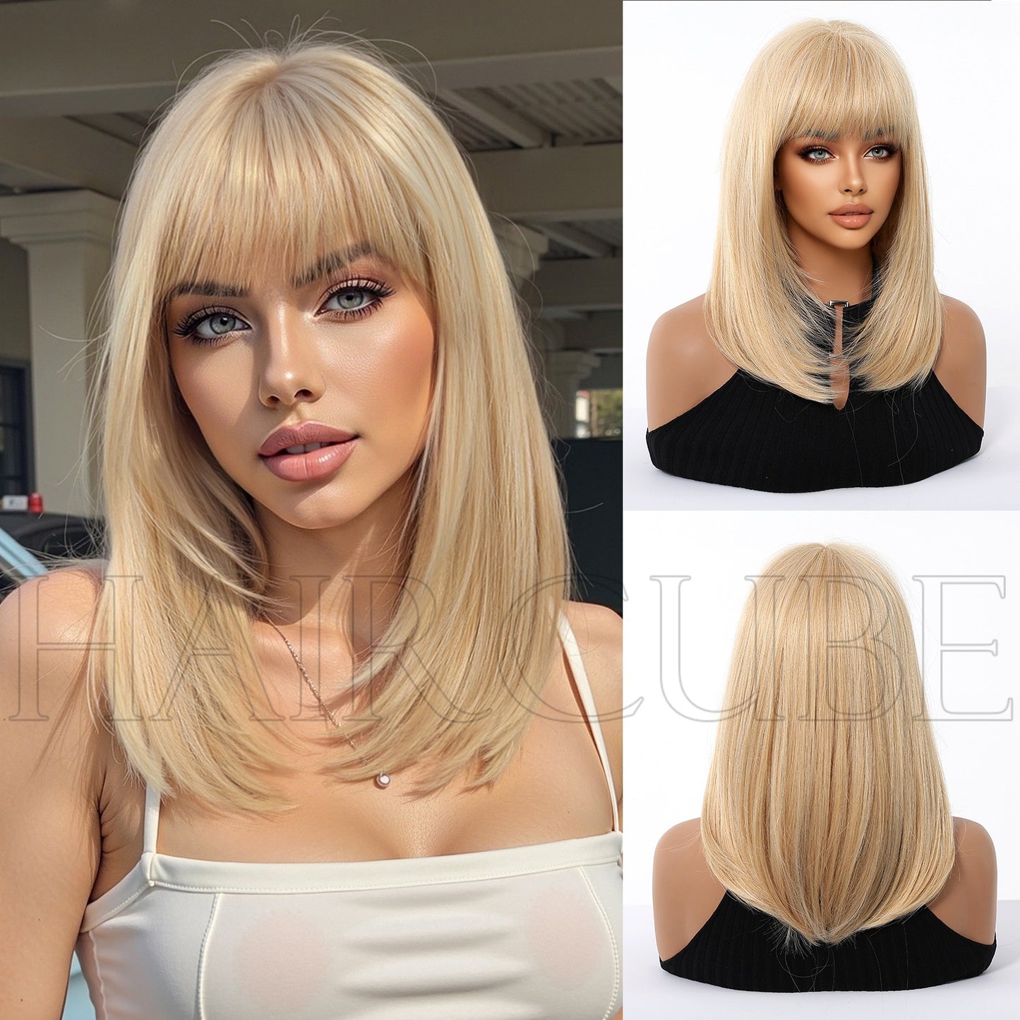 Female Fiber Chemical Hair Bangs Brown Medium Long Straight Wig