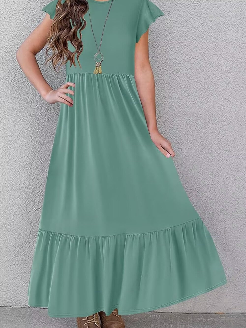 Crew Neck Casual Elegant Layered Super Long Children's Dress
