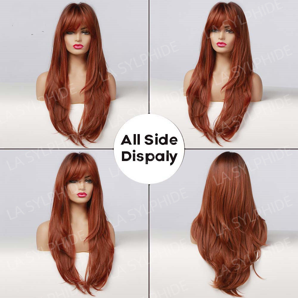 Red Brown Hair Side Bangs Female Mechanism Long Straight Wig