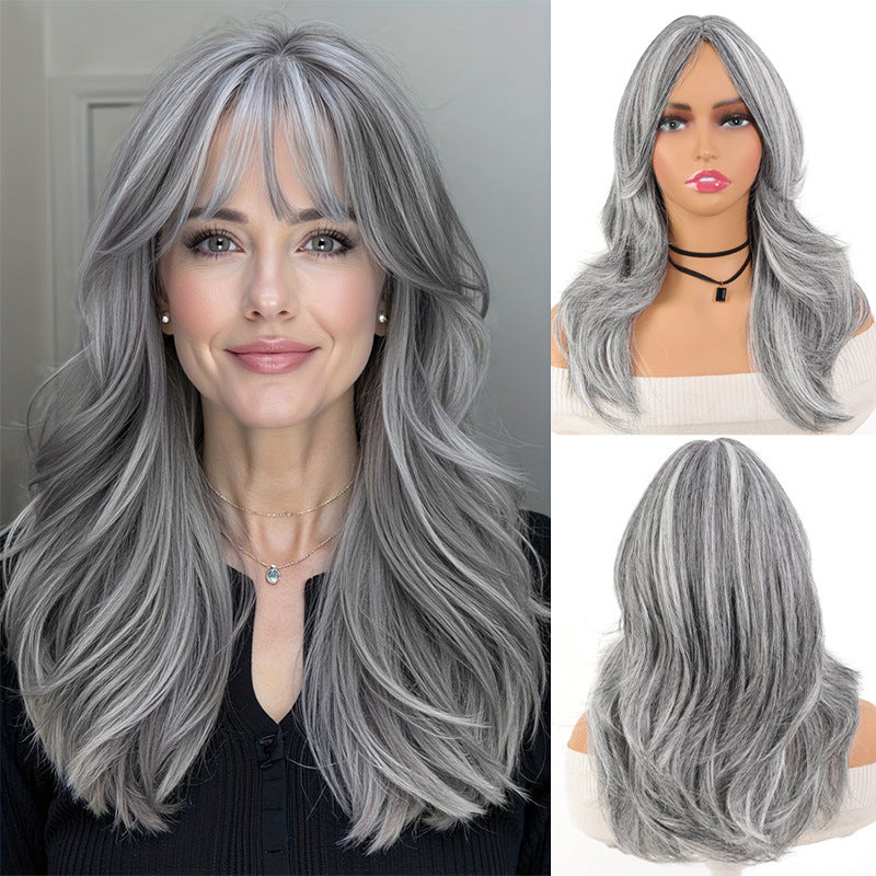 Women's Curly Hair Gray Brown Big Wave Layered Long Straight Wig