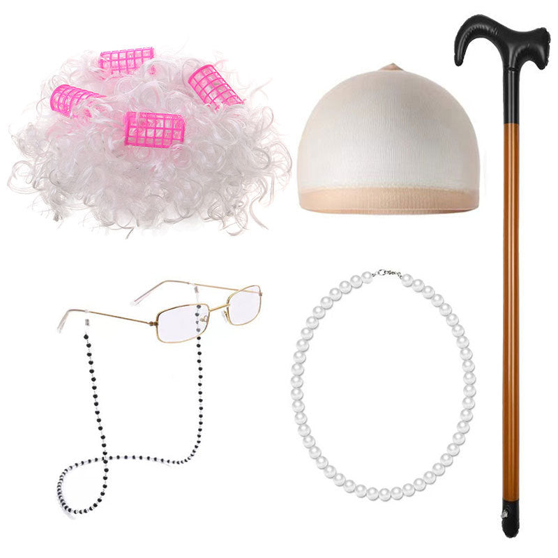School Day Old Grandma Grandpa Crutches Lady Cos Wig