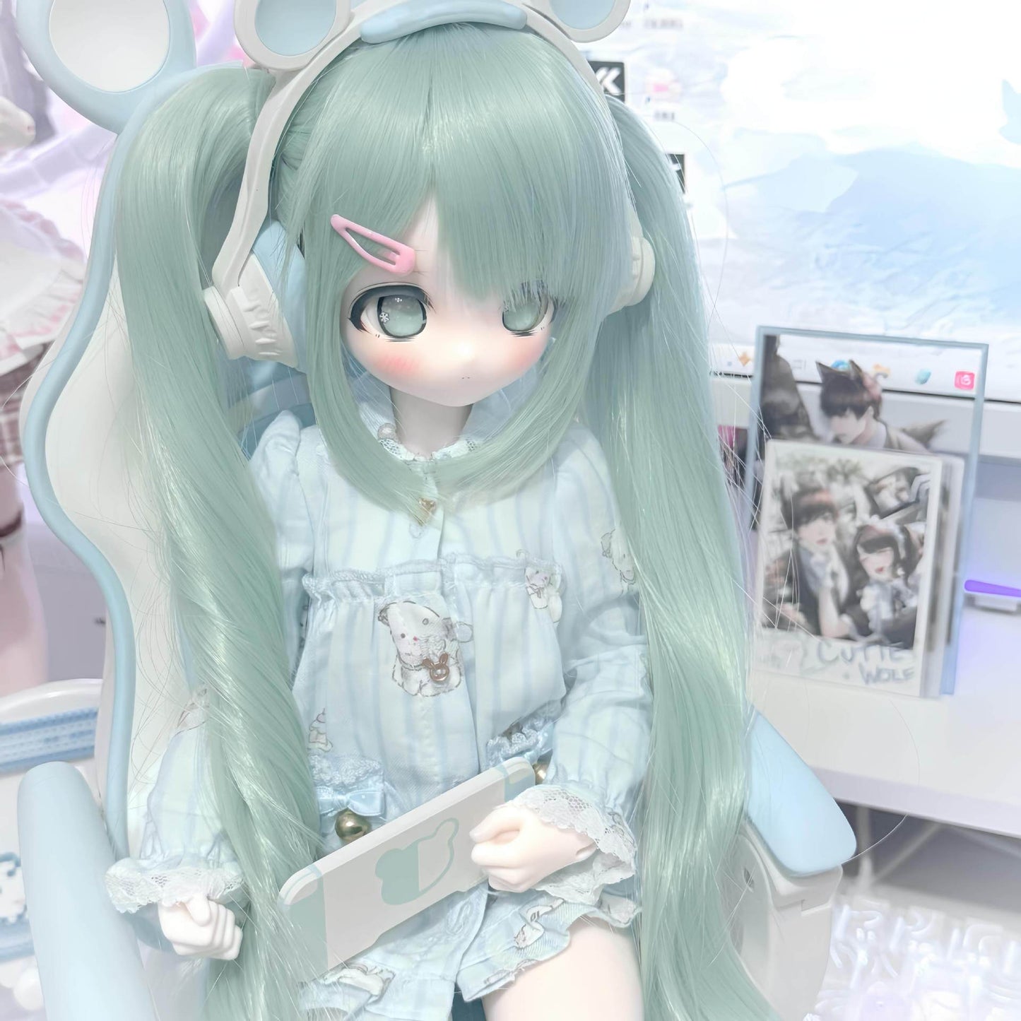 Lake Water Green Color Bangs Long Straight Hair Embryo Cos Wig
