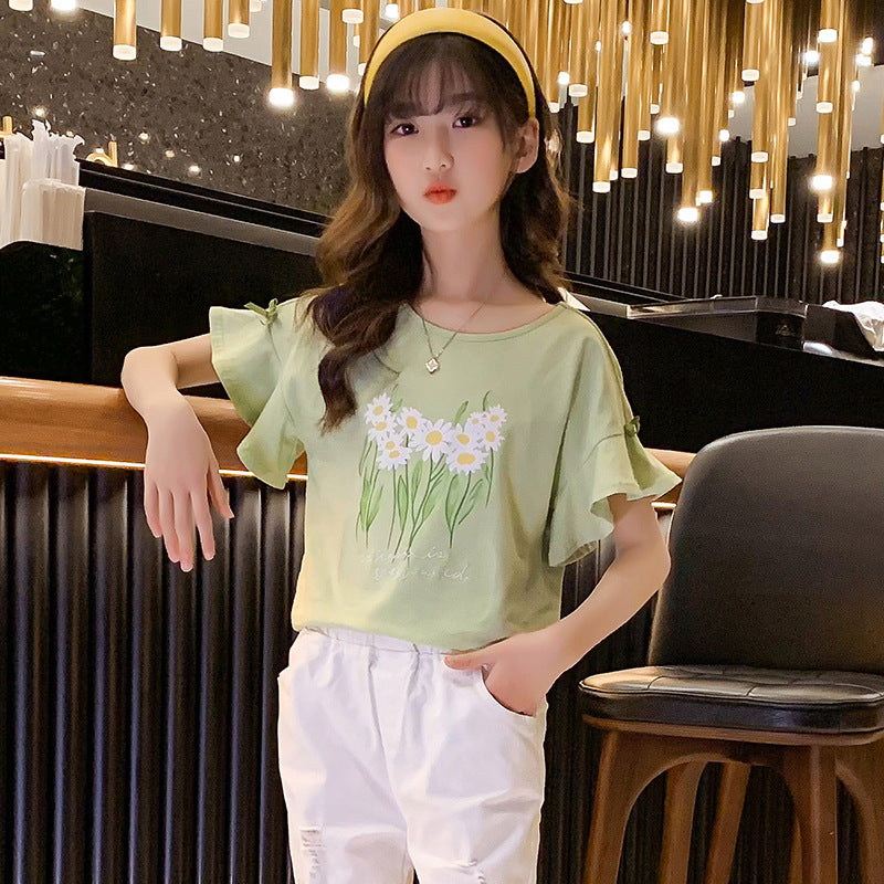 Ruffle Sleeve Flounced Printed Korean Style Stretch Cotton Children's T-shirt