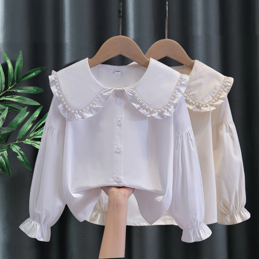 White Long Sleeve Cotton Versatile Medium Large College Children's Shirt