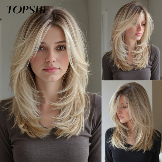 Gold Bangs Matte Fiber Rose Net Chemical Hair Long Straight Wig