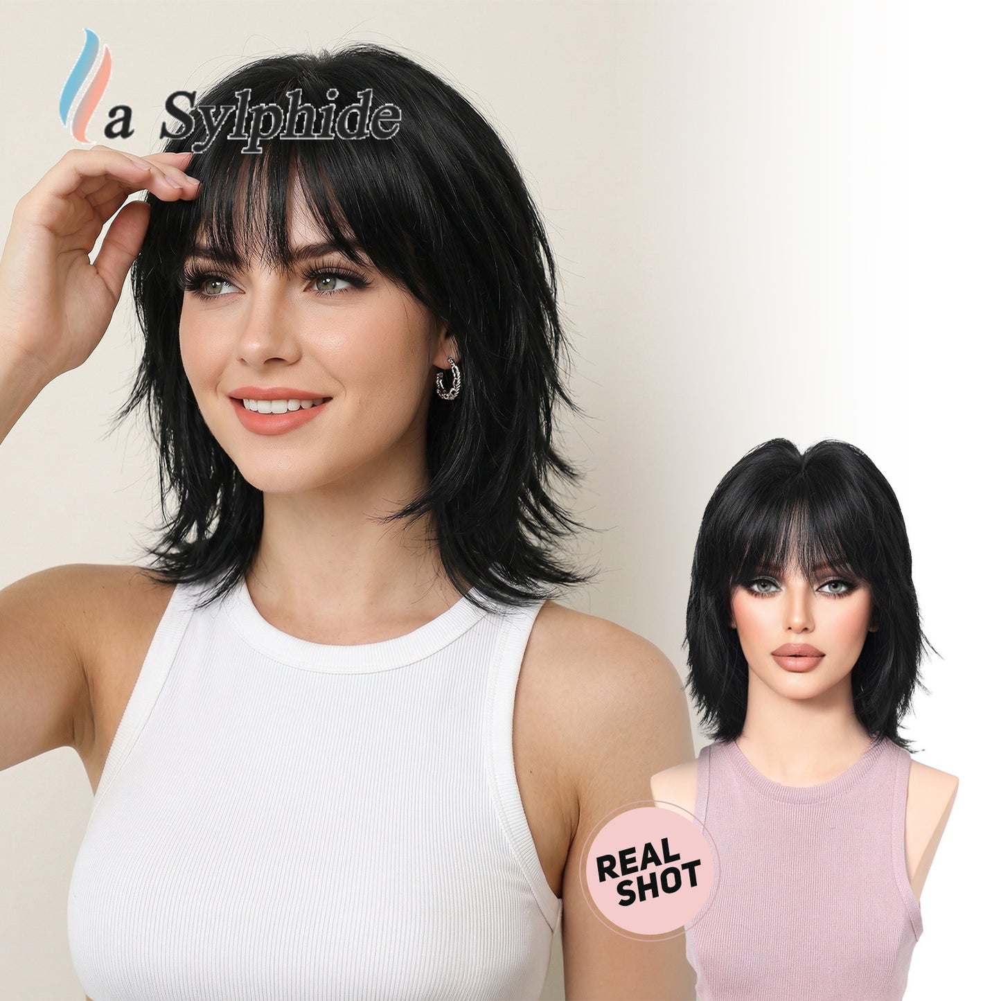 Female Highlights Brown Hierarchy Mechanism Fiber Air Bangs Everyday Wig Short Curly Hair