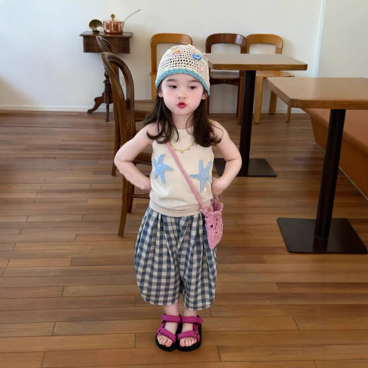 Children's Sleeveless Vest Plaid Capri Pants Two-piece Children's Suit