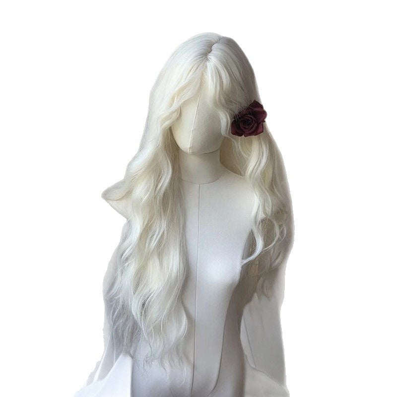 Women's Mid-length Bangs White Curly Hair Big Wave Feeling Wig Long Curls