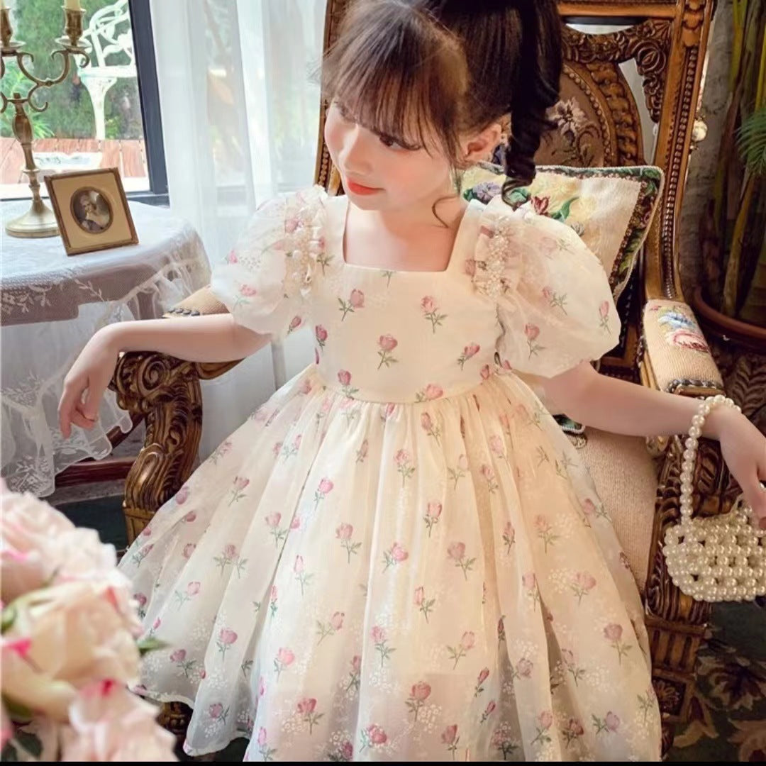 Summer Western Style Floral Skirt Little Bow Puff Children's Dress