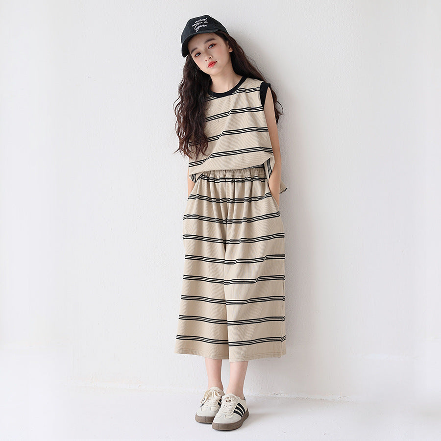 Women's & Children's Trendy Sleeveless Striped Oversized Culottes Older Leisure Children's Suit