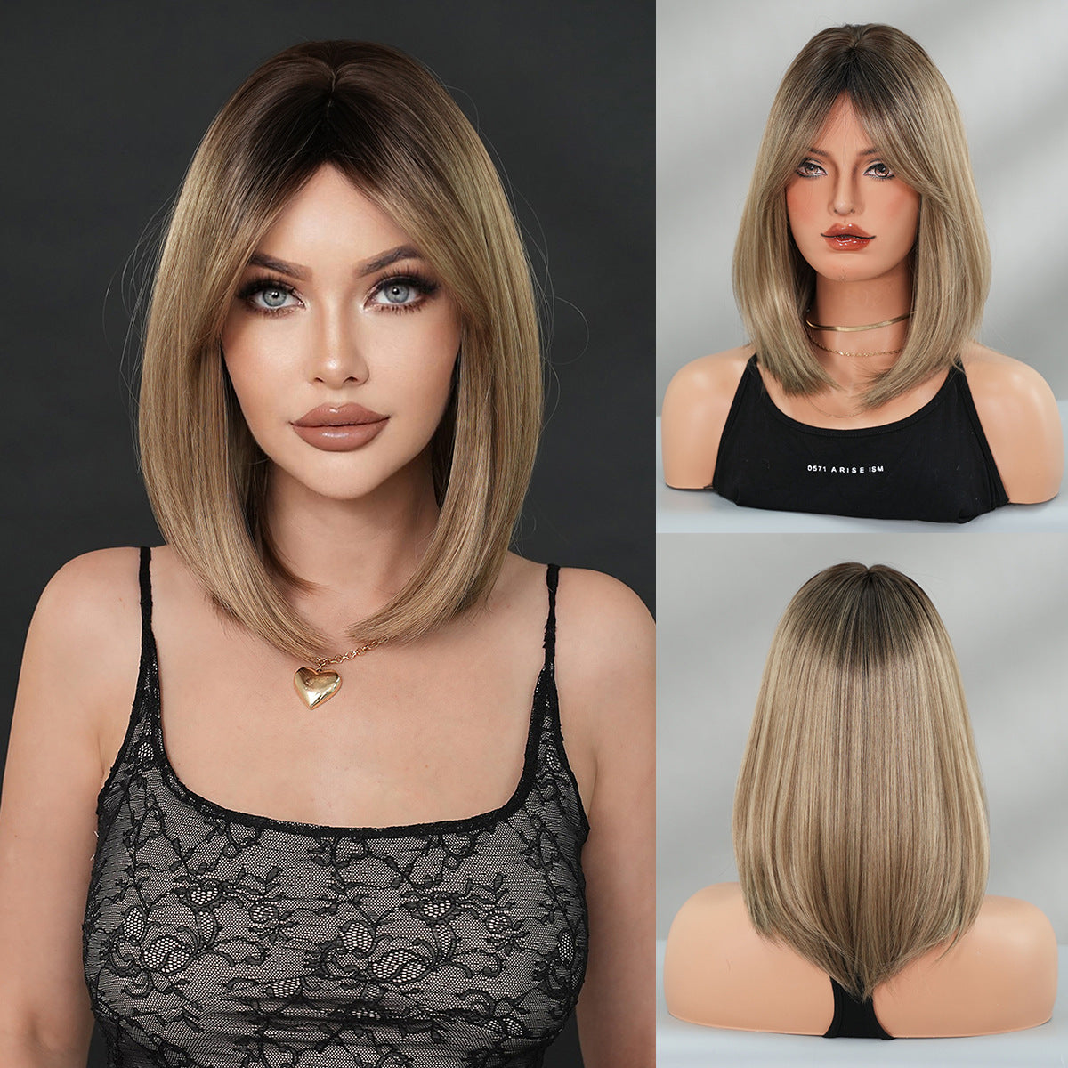 Shoulder Gradient Gold Side Division Bangs Natural Wig Short Straight Hair