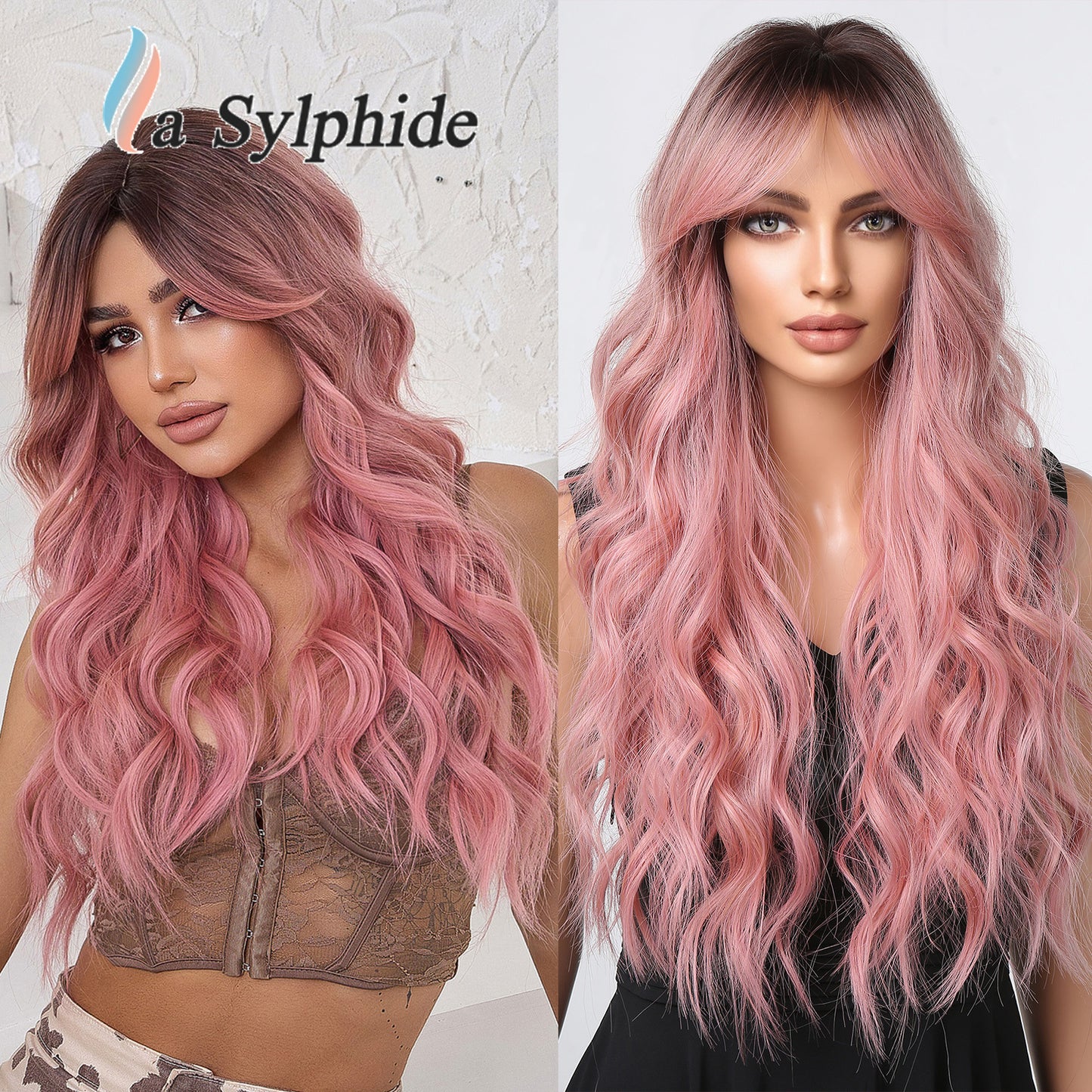 Pink Gray Gold Bangs Curly Hair Rose Net Matte Wig Long Curls