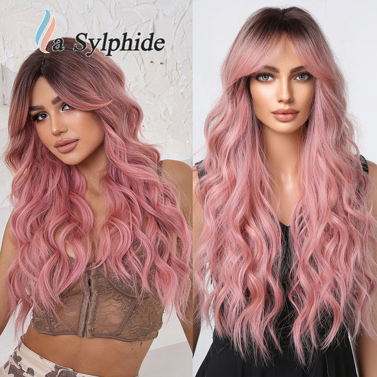 Pink Gray Gold Bangs Curly Hair Rose Net Matte Wig Long Curls