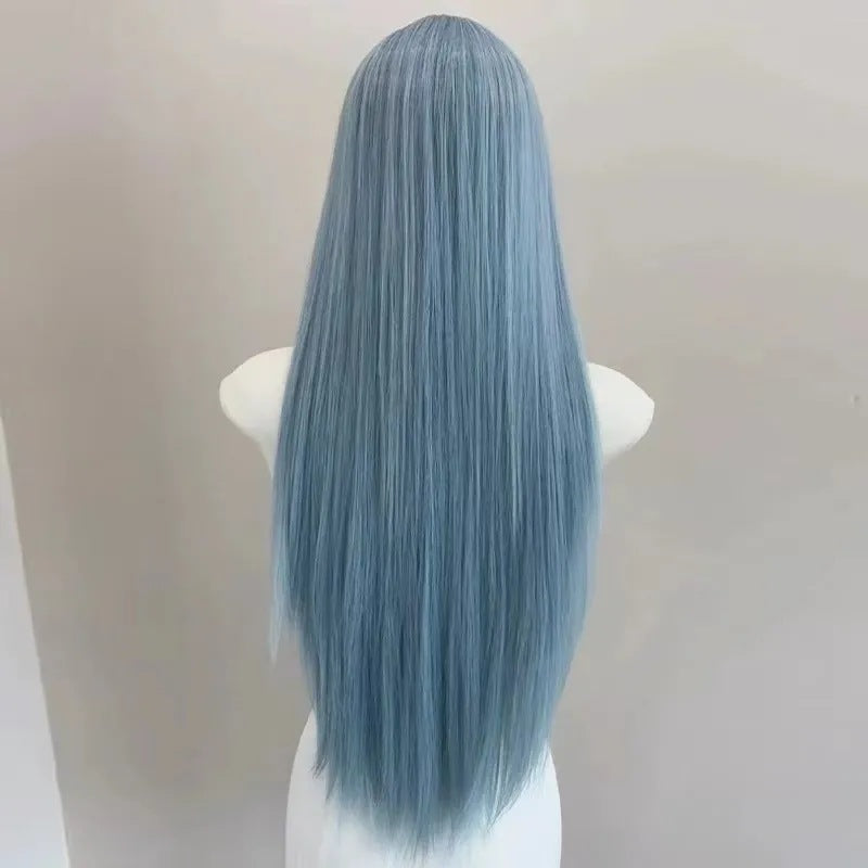 Glacier Forehead Lace Low Saturation Blue Female Long Straight Wig