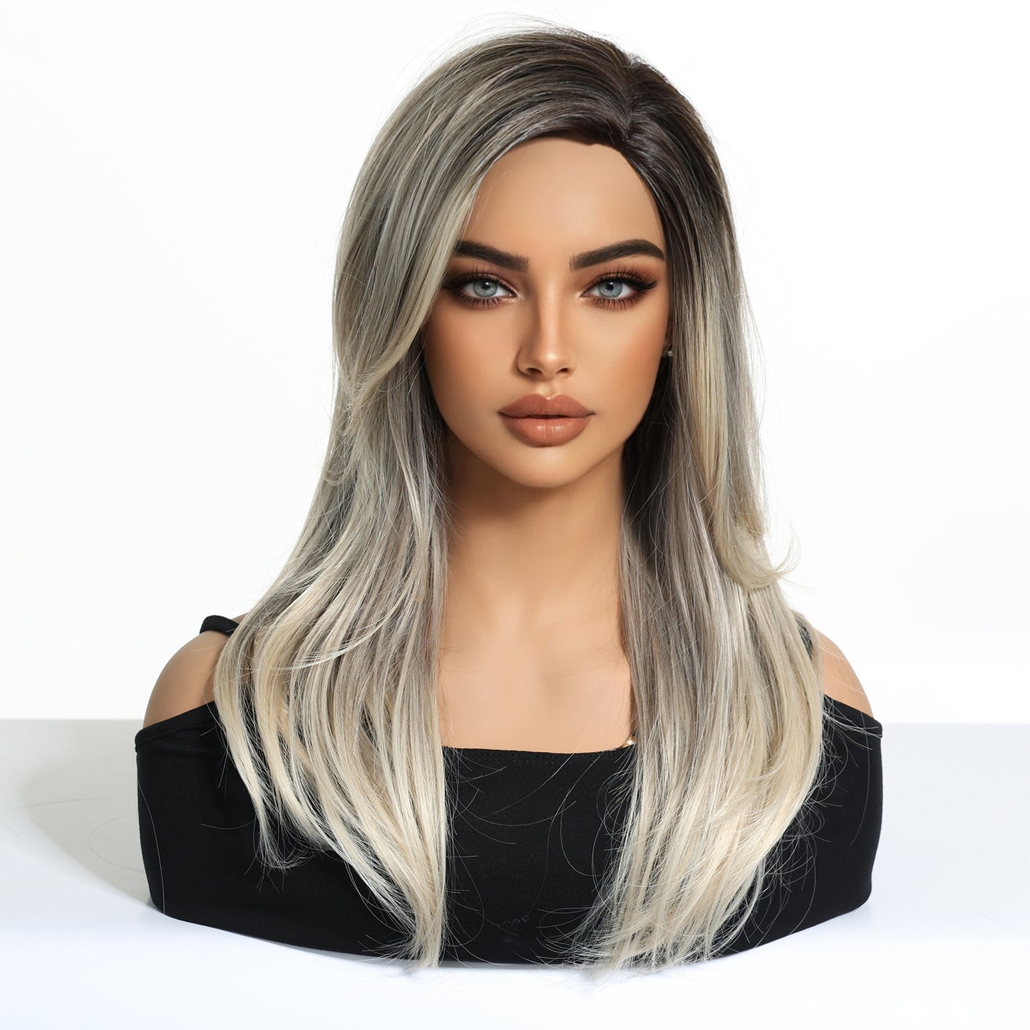 Gradient Highlight Split French Bangs Medium Hair Chemical Fiber Long Straight Wig
