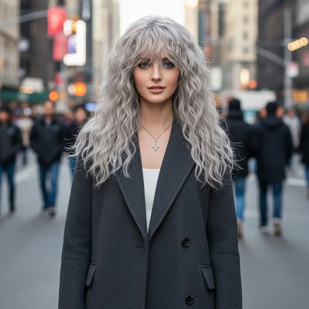 Wavy Gray Curly Synthetic Fiber Black Wig Long Curls