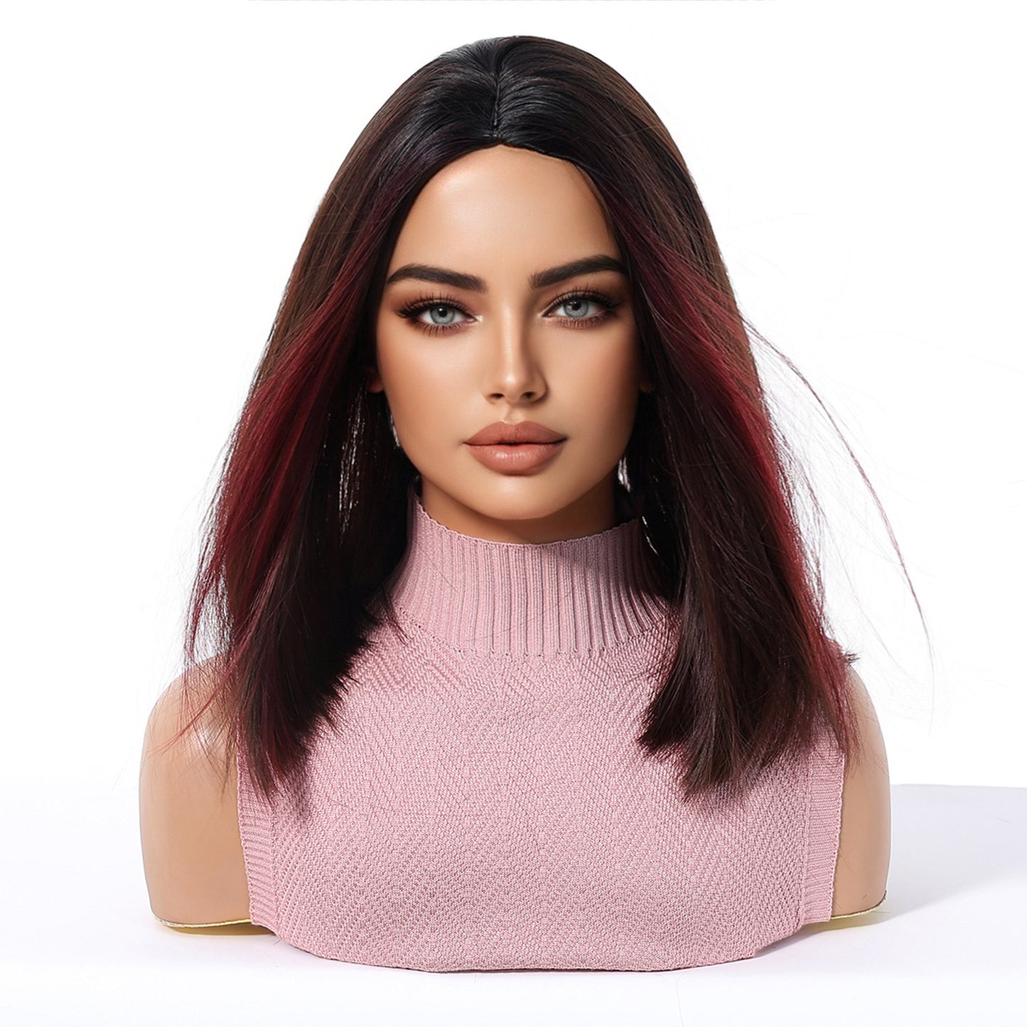 Medium Gradient Red Brown Straight Hair Wig Long Curls