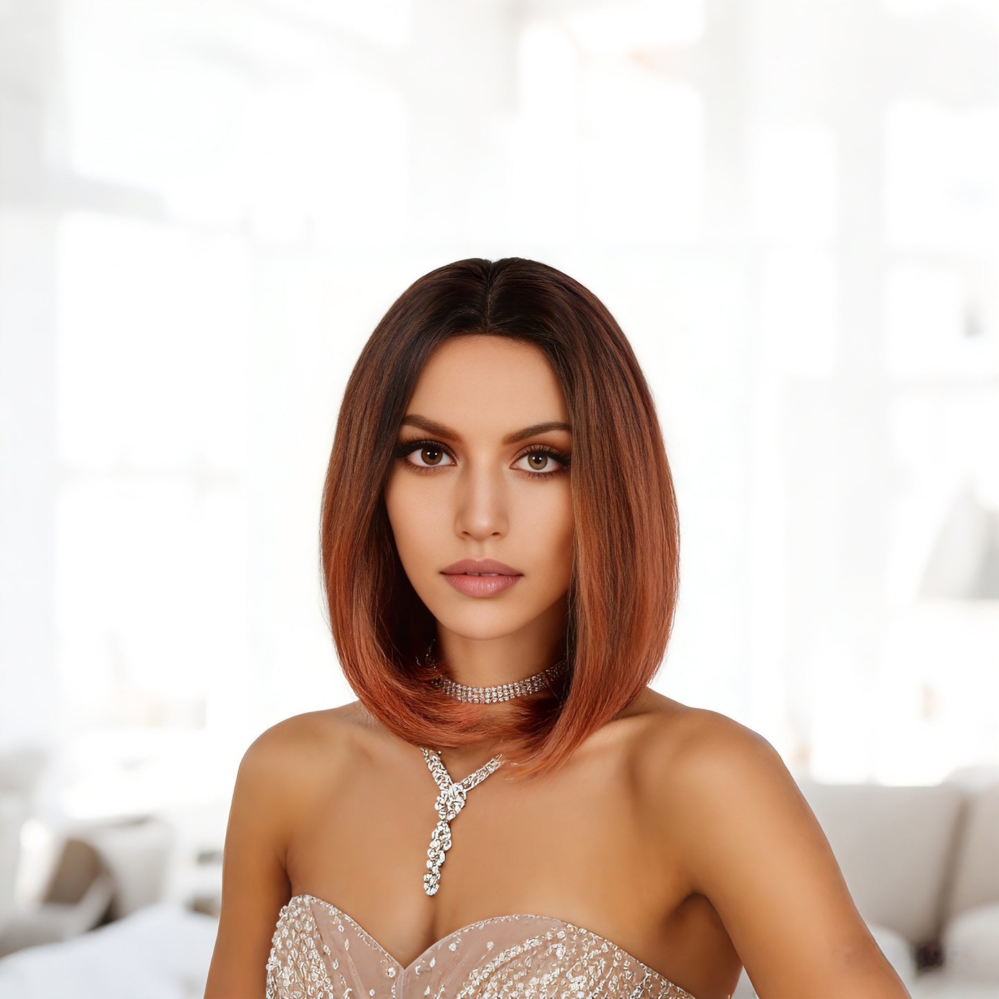 Fashion Female Fiber Medium Black Gradient Wig Short Straight Hair