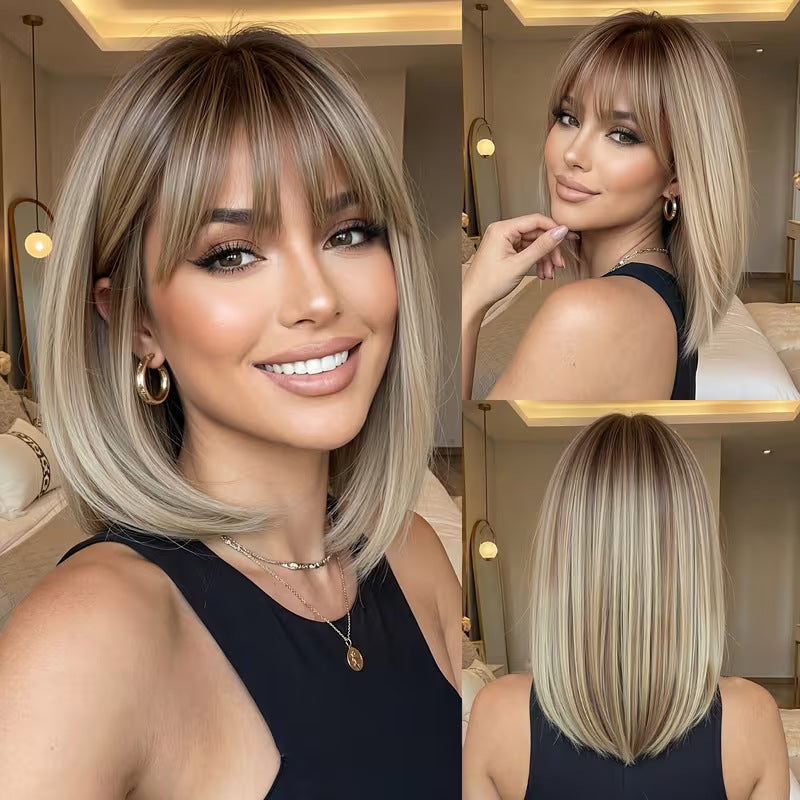 Women's Coffee Color For Platinum Gradient Air Bangs Lock Bone Rose Wig Short Straight Hair