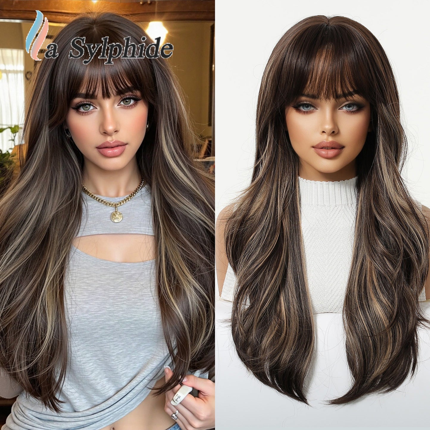 Straight Bangs Orange Wavy Curly Hair Mechanism Wig Long Curls