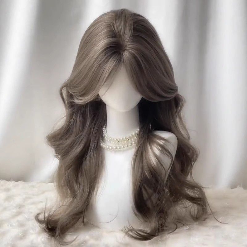 Female Mint Beige Mid-length Bangs Long Curly High Skull Wig
