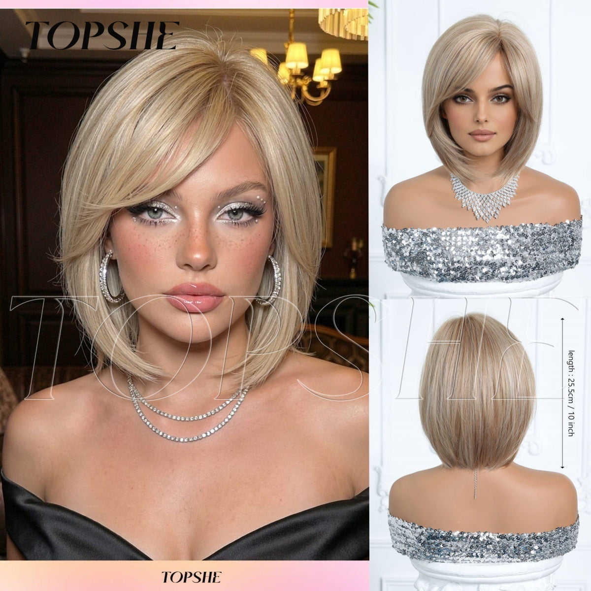 Women's Short Wave Head Gray Brown Highlight Long Straight Wig