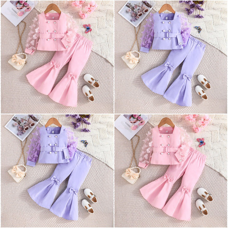 Fashion Mesh Sleeve Top Bell-bottom Pants Children's Suit